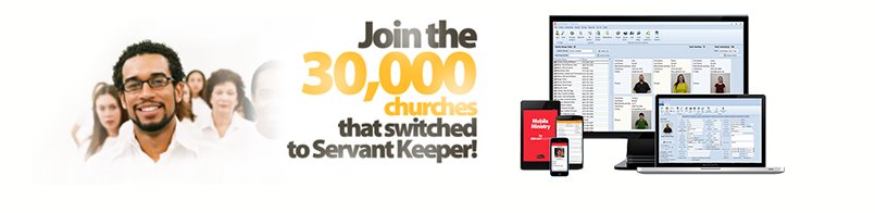 Servant Keeper church software and image of church people.