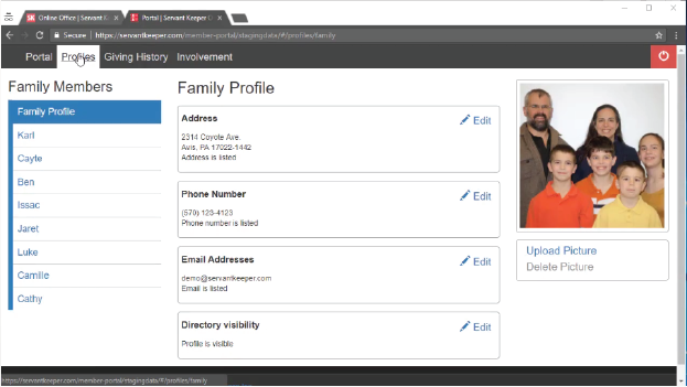 Servant Keeper Family Member Profiles for Your Church Members. Image of family's member profile.
